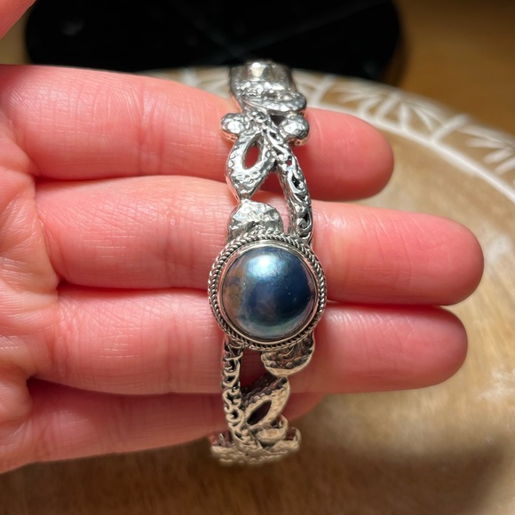 Sarda Blue Cultured Mabe Pearl Silver Tree Of Life Bangle Bracelet - Picture 11 of 16